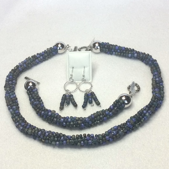 FINAL SALE PRICE Bluish and Dark Purple 3 Pc. Beaded Jewelry Set - Picture 1 of 6